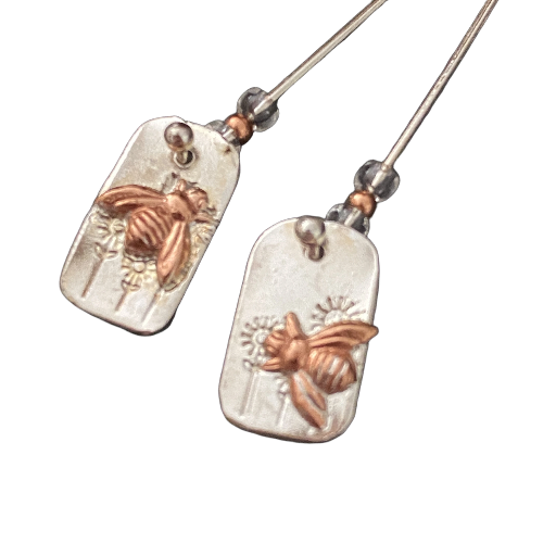 Earrings Bee Long Drop Mis-Matched Silver Copper Earrings