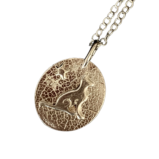 Star Gazing Cat.  Solid Silver Oval Pendant