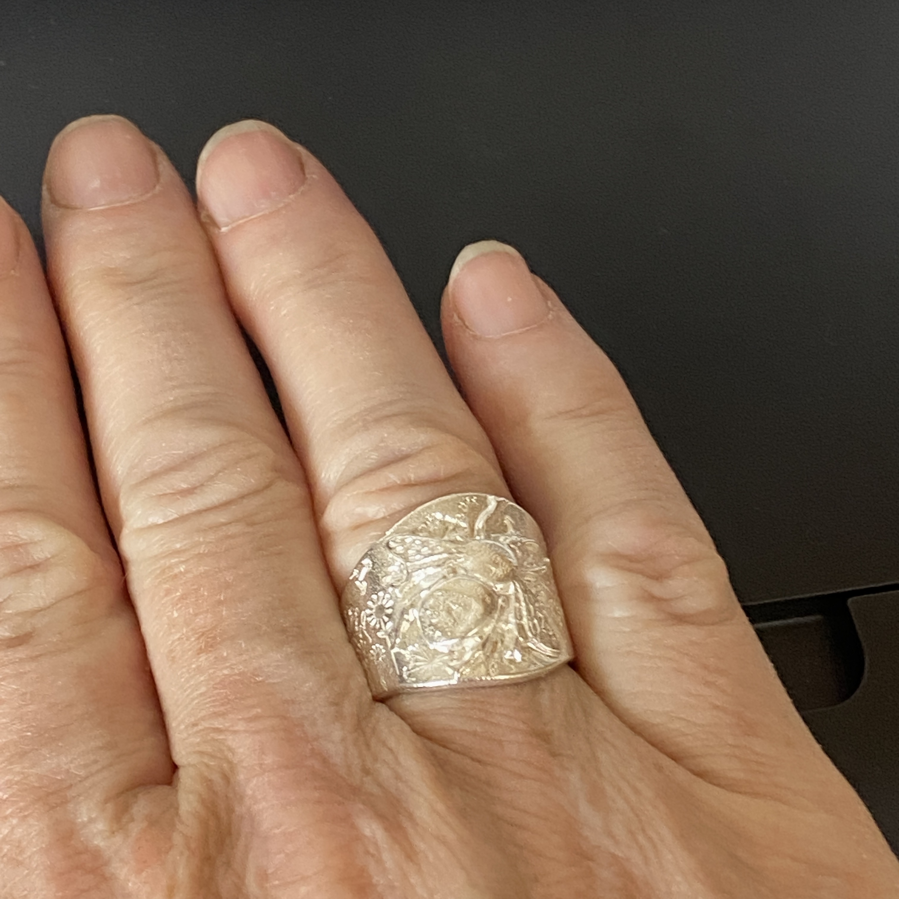 Bee Signet Ring in a Meadow Silver  Ring 