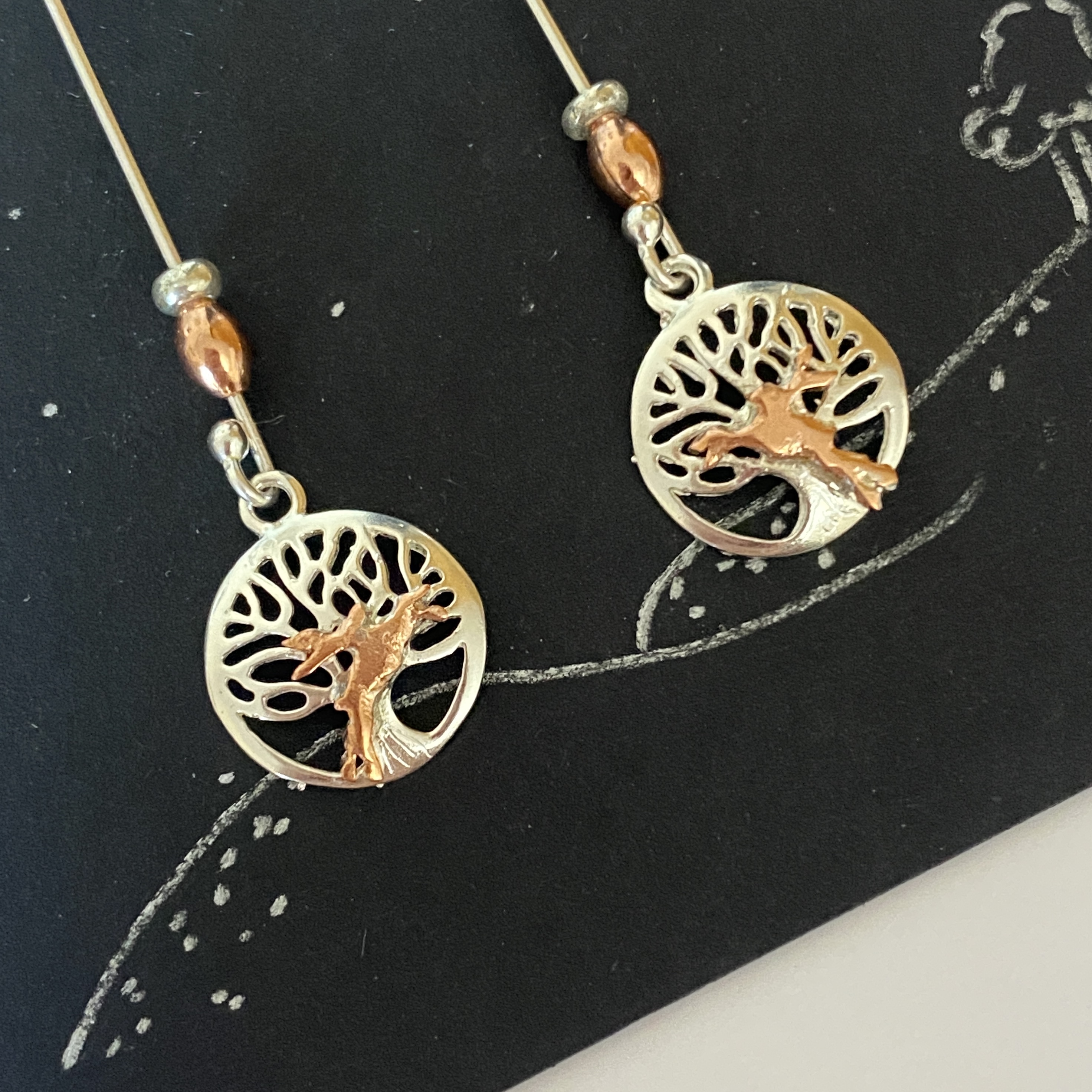 Earrings boxing Hares Tree of Life Drop Earrings  Silver and copper