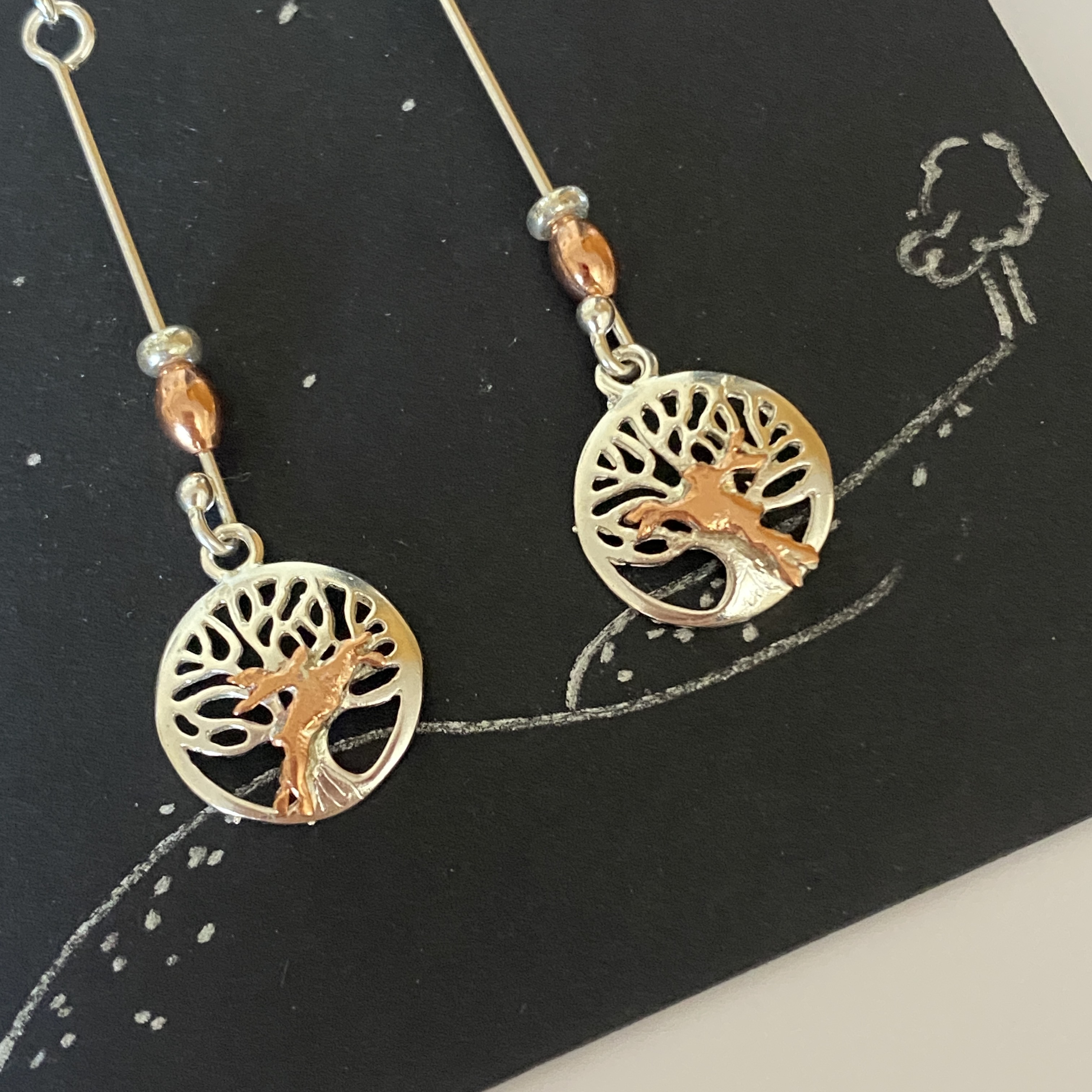 Earrings boxing Hares Tree of Life Drop Earrings  Silver and copper