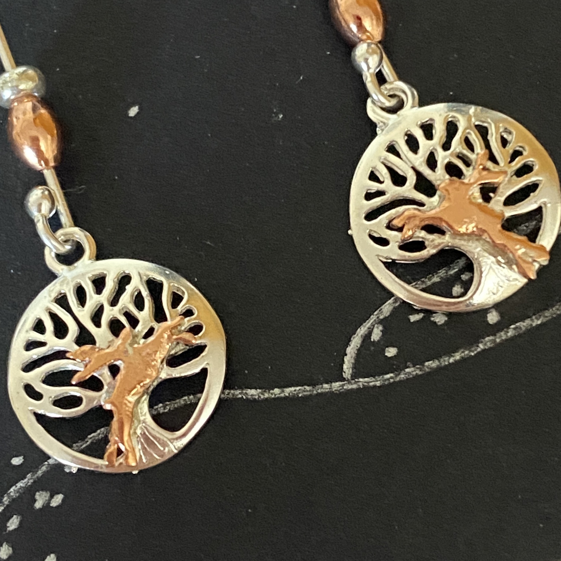 Earrings boxing Hares Tree of Life Drop Earrings  Silver and copper