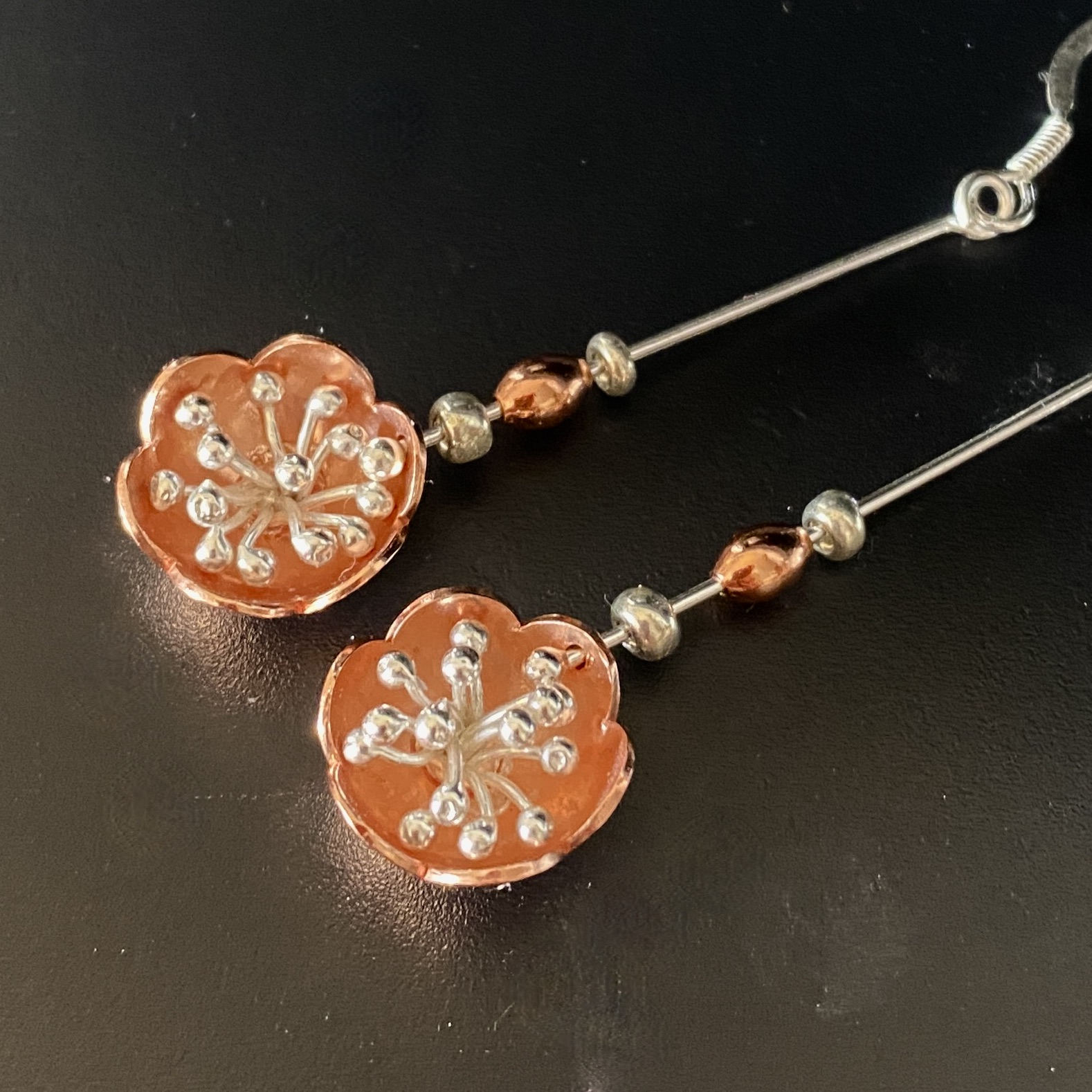 Bobbly Flower long drop earrings. Copper Silver Flower Series