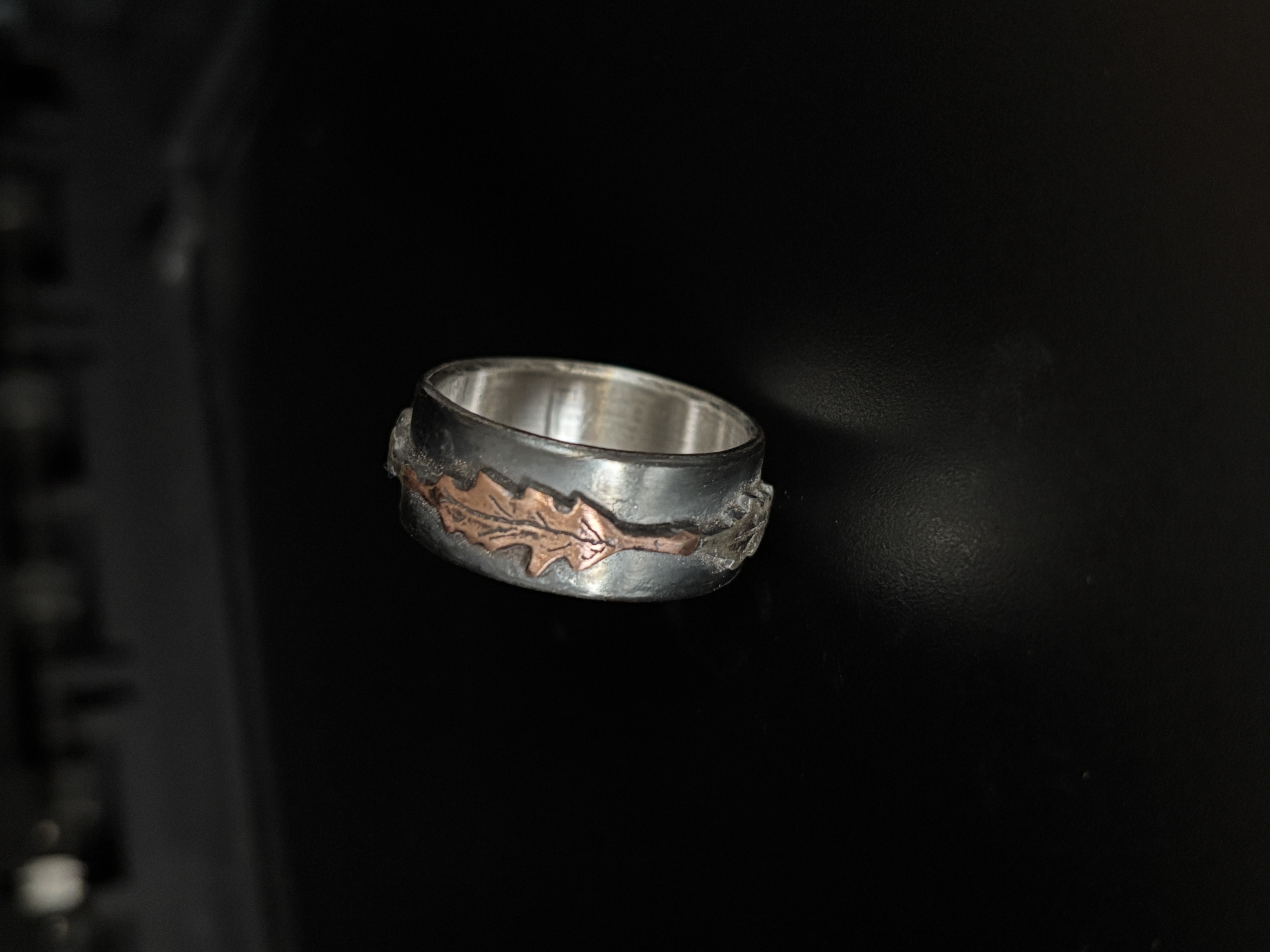 Oxidised silver & copper oak leaf ring made for Susan MCL 