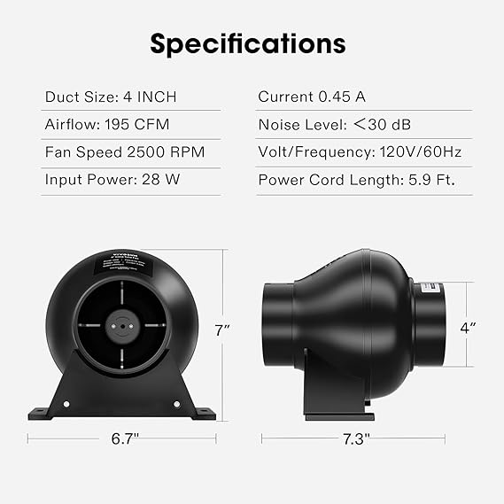VIVOSUN D4 4 Inch 195 CFM Inline Duct Ventilation Fan HVAC Vent Blower