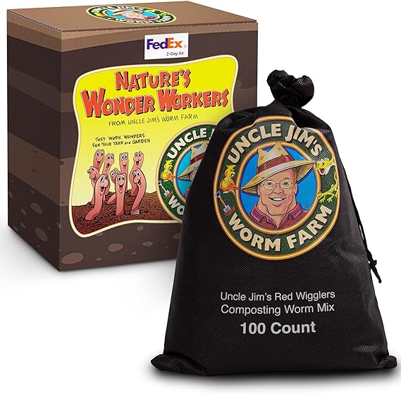 Uncle Jim's Worm Farm Red Wiggler Composting Worms Mix for Garden Soil or Fishing (100 count)