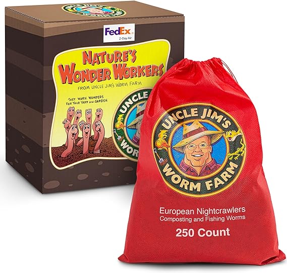 Uncle Jim's Worm Farm Super Red European Nightcrawlers Composting Worms Mix for Garden Soil or Fishing (250 count)