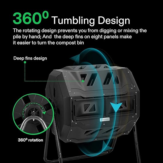 VIVOSUN Outdoor Tumbling Composter Dual Rotating Batch Compost Bin, 43 Gallon Black Door