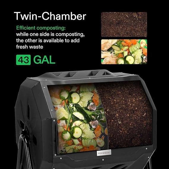 VIVOSUN Outdoor Tumbling Composter Dual Rotating Batch Compost Bin, 43 Gallon Black Door
