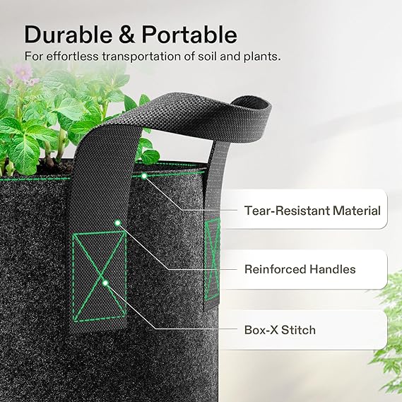 VIVOSUN 5-Pack 7 Gallon Plant Grow Bags, Heavy Duty Thickened Nonwoven Fabric Pots with Handles