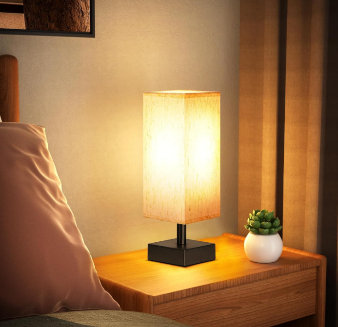 Small Table Lamp for Bedroom - Bedside Lamps for Nightstand, Minimalist Night Stand Light Lamp with Square Fabric Shade, Desk Reading Lamp for Kids Room Living Room Office Dorm