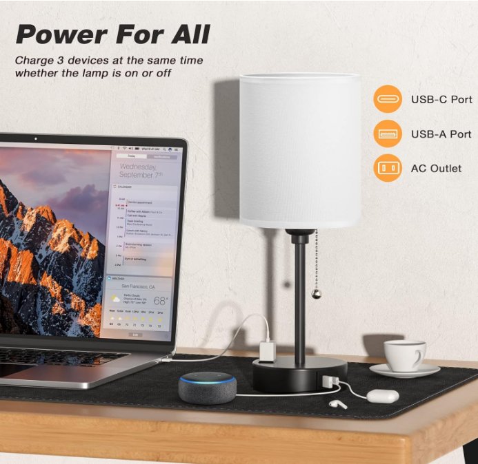 Small Bedroom Lamps with USB C and A Ports 3 Color Temperatures - 2700K 3500K 5000K Pull Chain White Nightstand Bedside Table Lamps with AC Outlet, Metal Base for Kids Reading