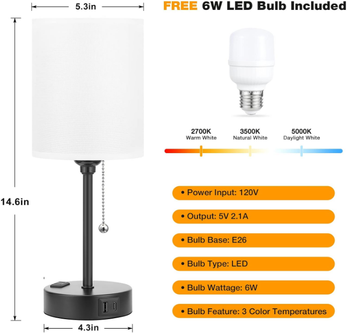 Small Bedroom Lamps with USB C and A Ports 3 Color Temperatures - 2700K 3500K 5000K Pull Chain White Nightstand Bedside Table Lamps with AC Outlet, Metal Base for Kids Reading