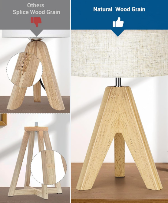 Mid Century Bedside Lamp, Small Tripod Table Lamp with Linen Fabric Shade, Wood Nightstand Lamp for Nursery, Living Room, Bedroom, End Table, UL Listed, 14.2 Inch, ON/Off Switch
