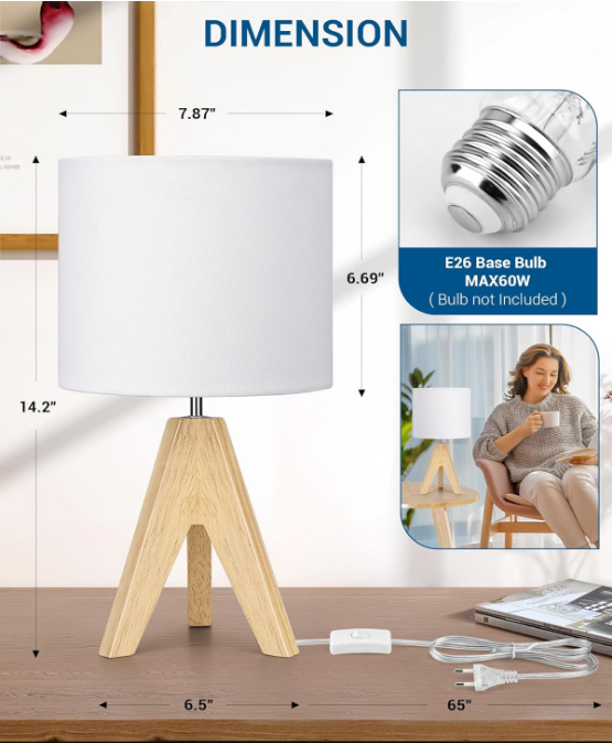 Mid Century Bedside Lamp, Small Tripod Table Lamp with Linen Fabric Shade, Wood Nightstand Lamp for Nursery, Living Room, Bedroom, End Table, UL Listed, 14.2 Inch, ON/Off Switch