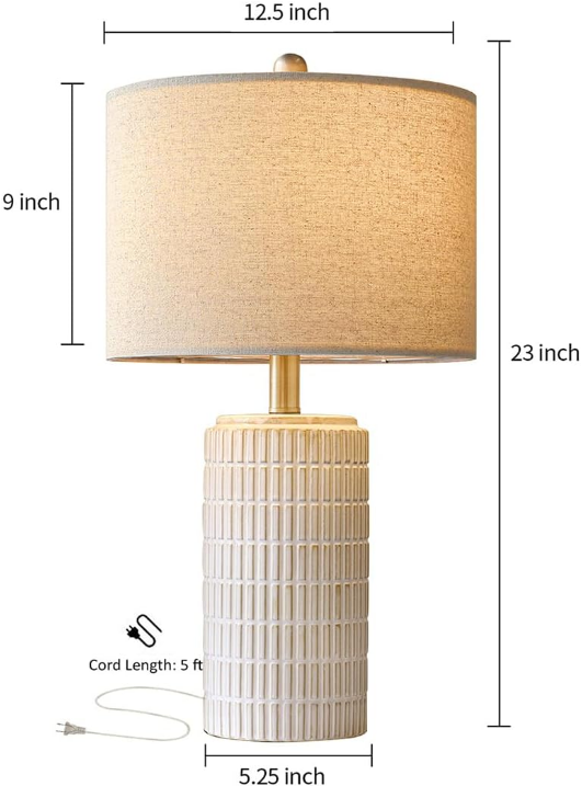 23'' Bedside Table Lamp for Bedroom Nightstand - Ceramic Lamp for Living Room, White Night Stand Light Lamp with Round Linen Shade, Modern Bedroom Lamp Beige