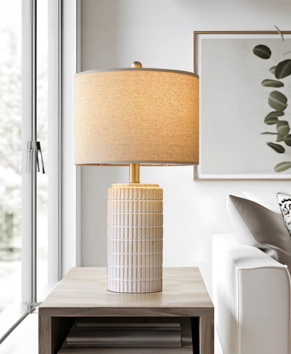 23'' Bedside Table Lamp for Bedroom Nightstand - Ceramic Lamp for Living Room, White Night Stand Light Lamp with Round Linen Shade, Modern Bedroom Lamp Beige