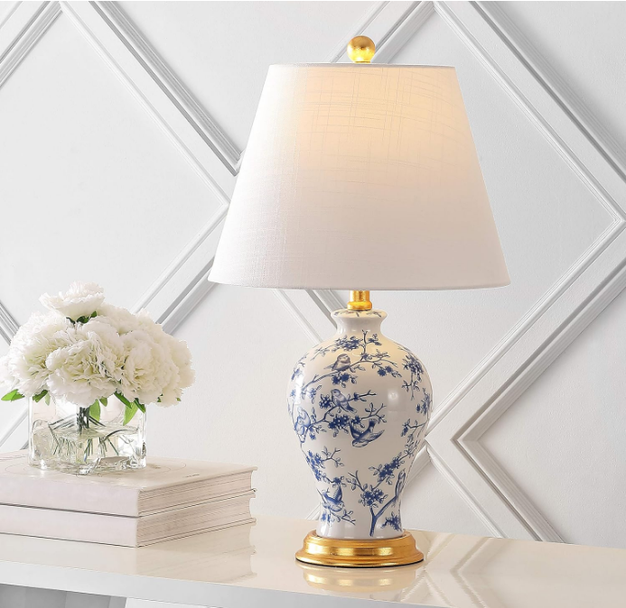 Grace 24" Floral Classic LED Table Lamp Cottage Traditional Bedside Desk Nightstand Lamp for Bedroom Living Room Office College Bookcase LED Bulb Included, Blue/White