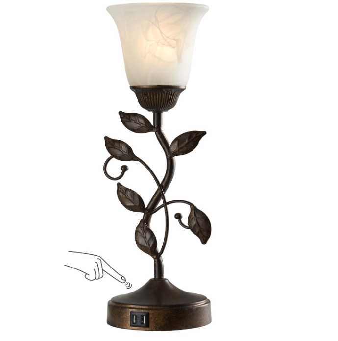  Touch Bedside Table Lamp, Vintage Nightstand Lamp with 2 USB Ports for Living Room, 3 Way Dimmable Leaf Lamp Retro Table Lamp for Bedroom with White Glass Shade, LED Bulb Included