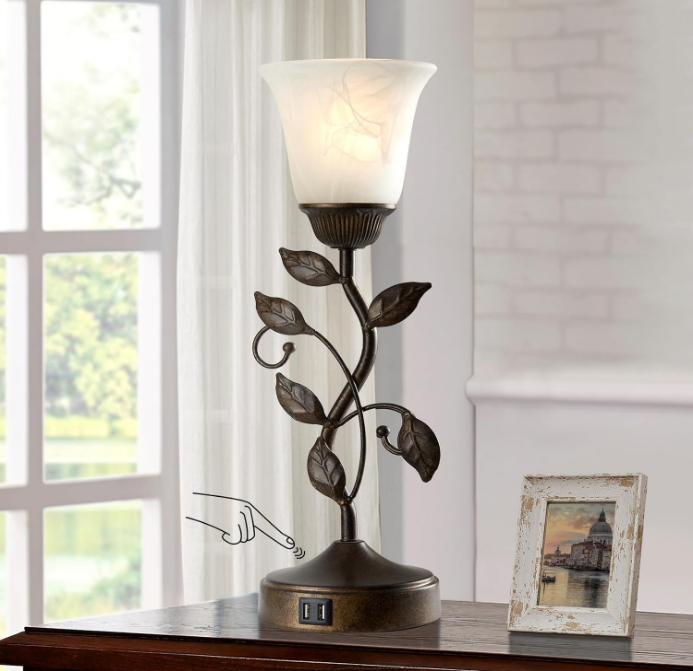  Touch Bedside Table Lamp, Vintage Nightstand Lamp with 2 USB Ports for Living Room, 3 Way Dimmable Leaf Lamp Retro Table Lamp for Bedroom with White Glass Shade, LED Bulb Included