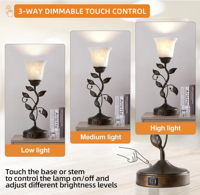  Touch Bedside Table Lamp, Vintage Nightstand Lamp with 2 USB Ports for Living Room, 3 Way Dimmable Leaf Lamp Retro Table Lamp for Bedroom with White Glass Shade, LED Bulb Included