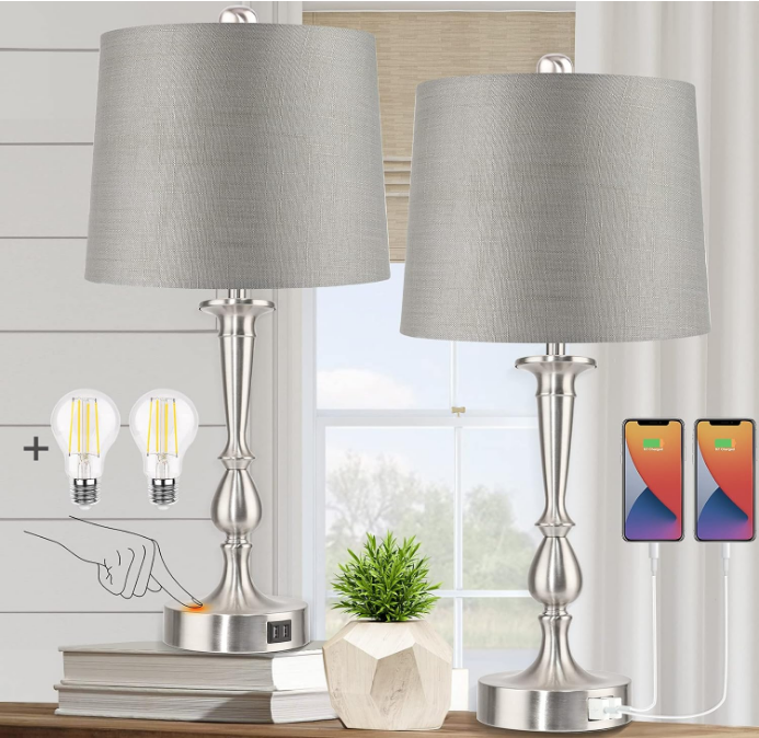 Set of 2 Touch Control Table Lamp with Dual USB Charging Ports Desk Lamps, 3-Way Dimmable Modern Nickel Finish Bedside Large Table Lamps for Living Room, Bedroom