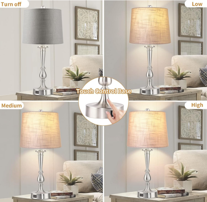 Set of 2 Touch Control Table Lamp with Dual USB Charging Ports Desk Lamps, 3-Way Dimmable Modern Nickel Finish Bedside Large Table Lamps for Living Room, Bedroom