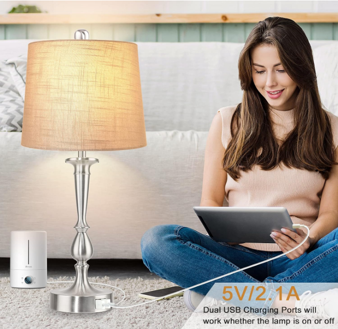Set of 2 Touch Control Table Lamp with Dual USB Charging Ports Desk Lamps, 3-Way Dimmable Modern Nickel Finish Bedside Large Table Lamps for Living Room, Bedroom