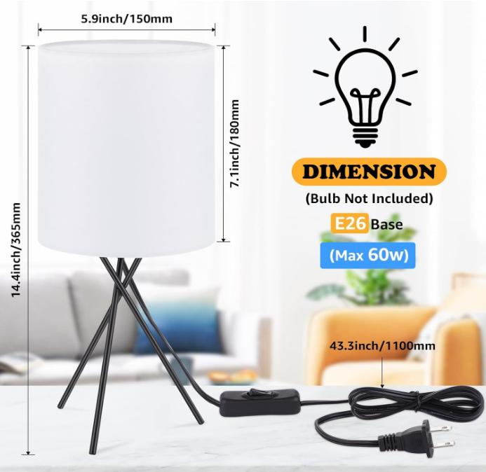  Bedside Table Lamp with Black Metal Base, Modern Small Desk Lamp, Nightstand Lamp with White Lampshade, Home Living Room, Bulb Not Included