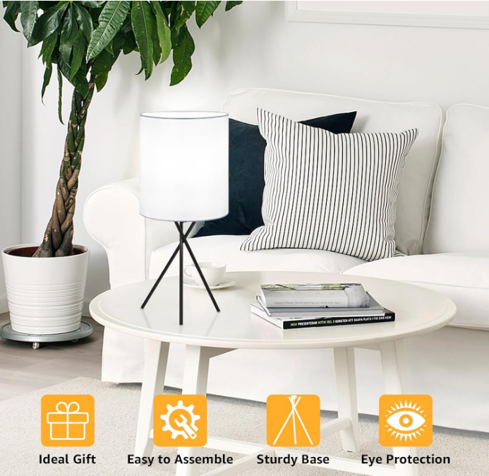 Bedside Table Lamp with Black Metal Base, Modern Small Desk Lamp, Nightstand Lamp with White Lampshade, Home Living Room, Bulb Not Included
