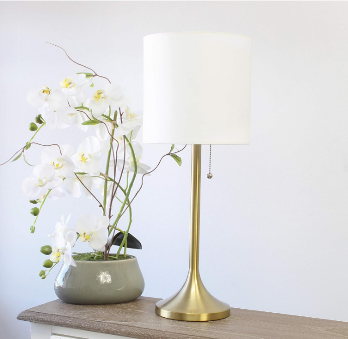 LT1076-GDW Tapered Fabric Drum Shade Table Lamp, Gold and White, 8 x 8 x 21