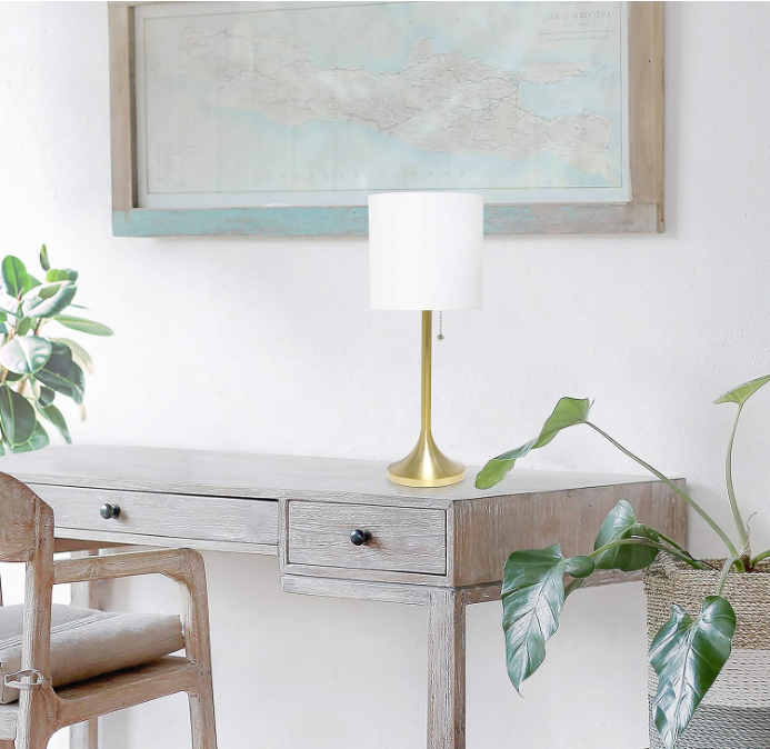 LT1076-GDW Tapered Fabric Drum Shade Table Lamp, Gold and White, 8 x 8 x 21