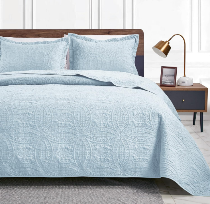 Quilts for Queen Bed Spa-Blue Bedspreads - Soft Summer Lightweight Microfiber Modern Style Coin Pattern Coverlet for All Season - 3 Piece (1 Quilt, 2 Pillow Shams)