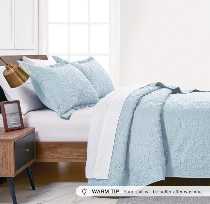 Quilts for Queen Bed Spa-Blue Bedspreads - Soft Summer Lightweight Microfiber Modern Style Coin Pattern Coverlet for All Season - 3 Piece (1 Quilt, 2 Pillow Shams)