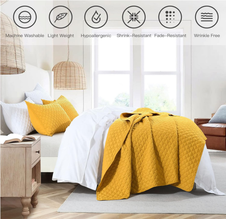 Yellow Quilt King Size, Lightweight Quilt for Summer Ultra-Soft Microfiber Modern Style Quilted Clouds Pattern Bedspread Quit Set 3 Pieces (1 Quilt and 2 Pillow Shams)