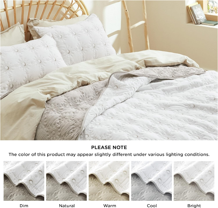 Queen Quilt Bedding Set - Lightweight Summer Quilt Bed Set, Reversible Linen Bedspread Coverlet Solar Pattern for All Seasons (Includes 1 Quilt, 2 Pillow Shams)