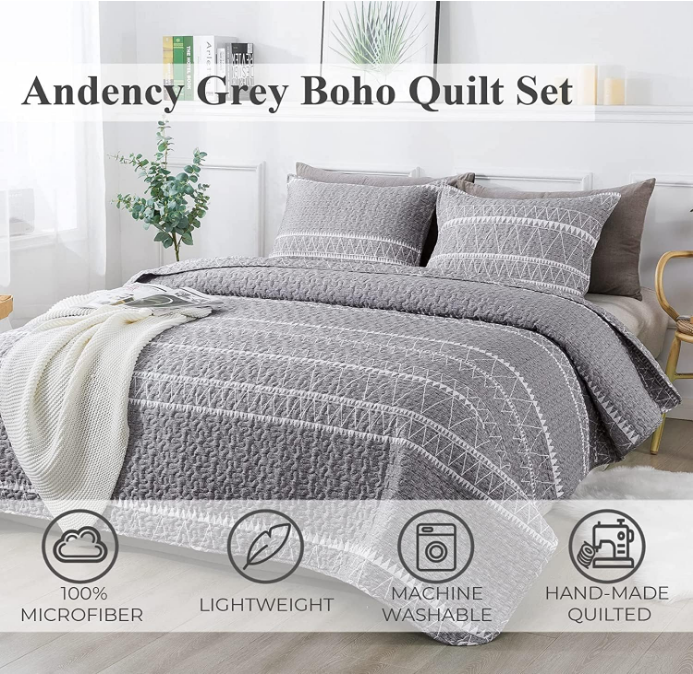 Grey Quilt Set King (106x96 Inch), 3 Pieces(1 Striped Triangle Printed Quilt and 2 Pillowcases), Bohemian Summer Lightweight Reversible Microfiber Bedspread Coverlet Sets