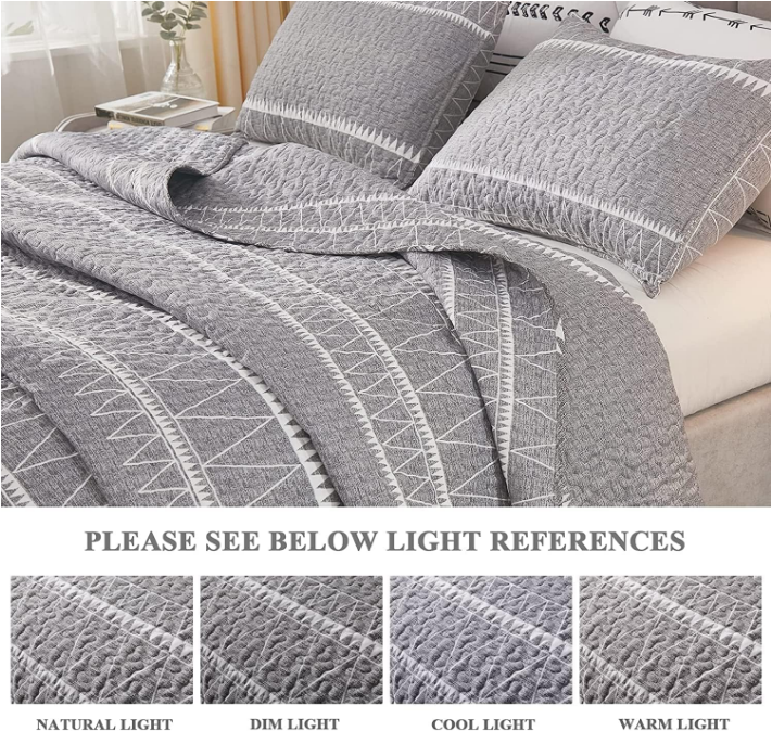 Grey Quilt Set King (106x96 Inch), 3 Pieces(1 Striped Triangle Printed Quilt and 2 Pillowcases), Bohemian Summer Lightweight Reversible Microfiber Bedspread Coverlet Sets