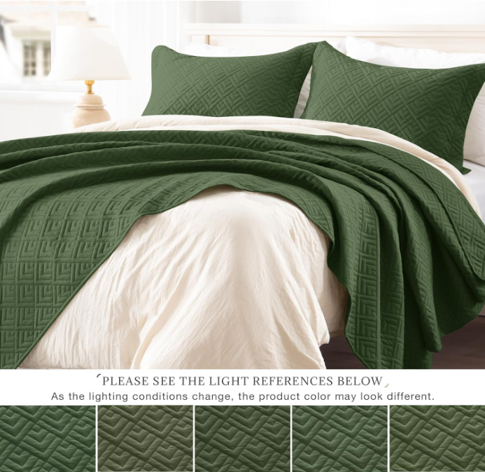 Quilt Set Full Queen Size Olive Green 3 Piece,Lightweight Soft Coverlet Modern Style Squares Pattern Bedspread Set(1 Quilt,2 Pillow Shams)
