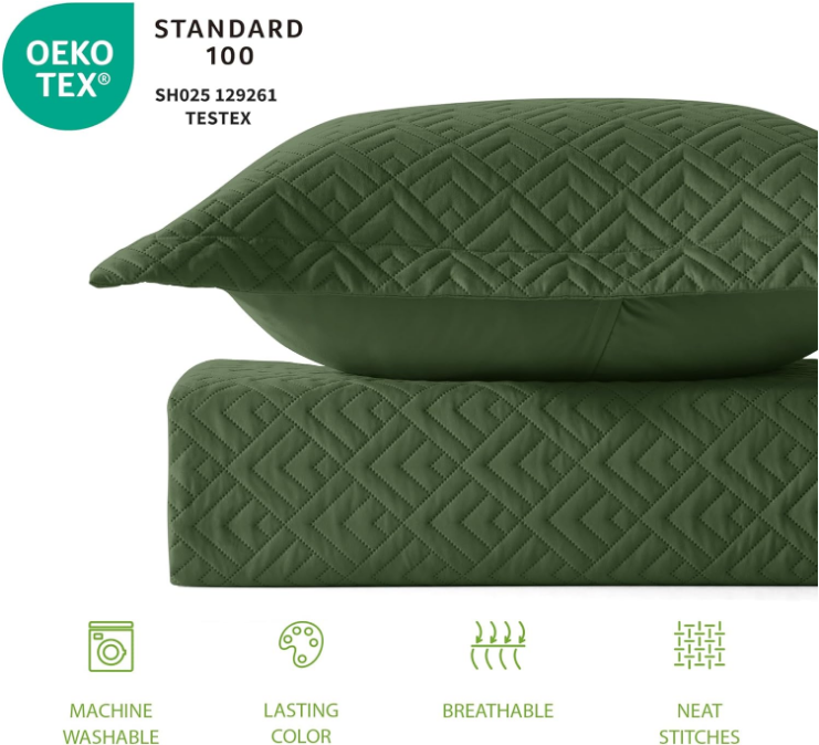 Quilt Set Full Queen Size Olive Green 3 Piece,Lightweight Soft Coverlet Modern Style Squares Pattern Bedspread Set(1 Quilt,2 Pillow Shams)