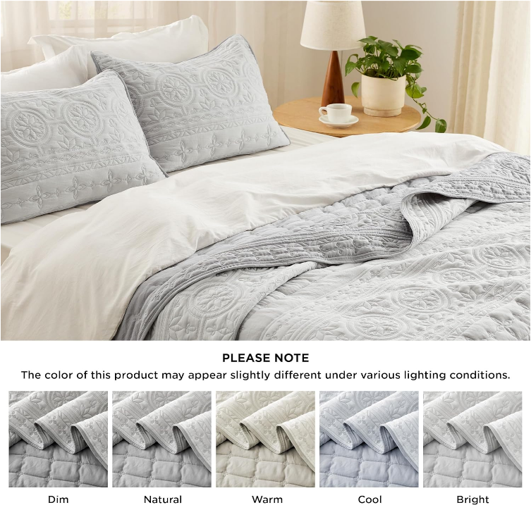 King Quilt Bedding Set - Lightweight Summer Quilt Bed Set, Reversible Light Grey Bedspread Coverlet Scrollwork for All Seasons (Includes 1 Quilt, 2 Pillow Shams)