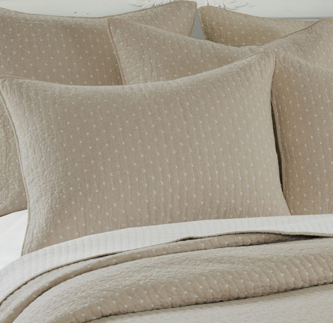 Cross Stitch Taupe Quilt Set - King/Cal King Quilt + Two King Pillow Shams - Cross Stitched Pattern - Quilt Size (106x92in.) and Pillow Sham Size (36x20in.) - Reversible - Cotton Fabric