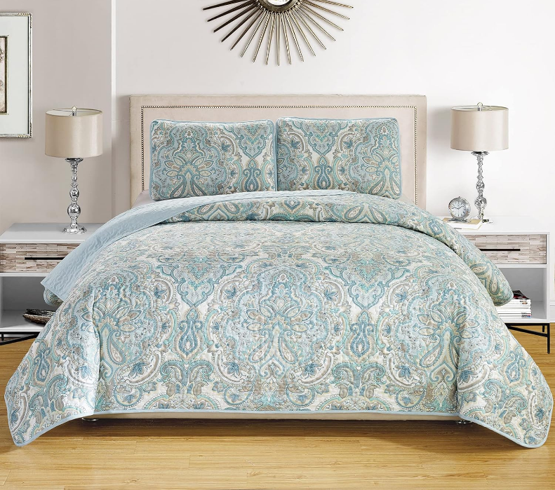 3-Piece Fine printed Oversize (100" X 95") Quilt Set Reversible Bedspread Coverlet QUEEN SIZE Bed Cover (Pale Blue, Grey, Paisley)