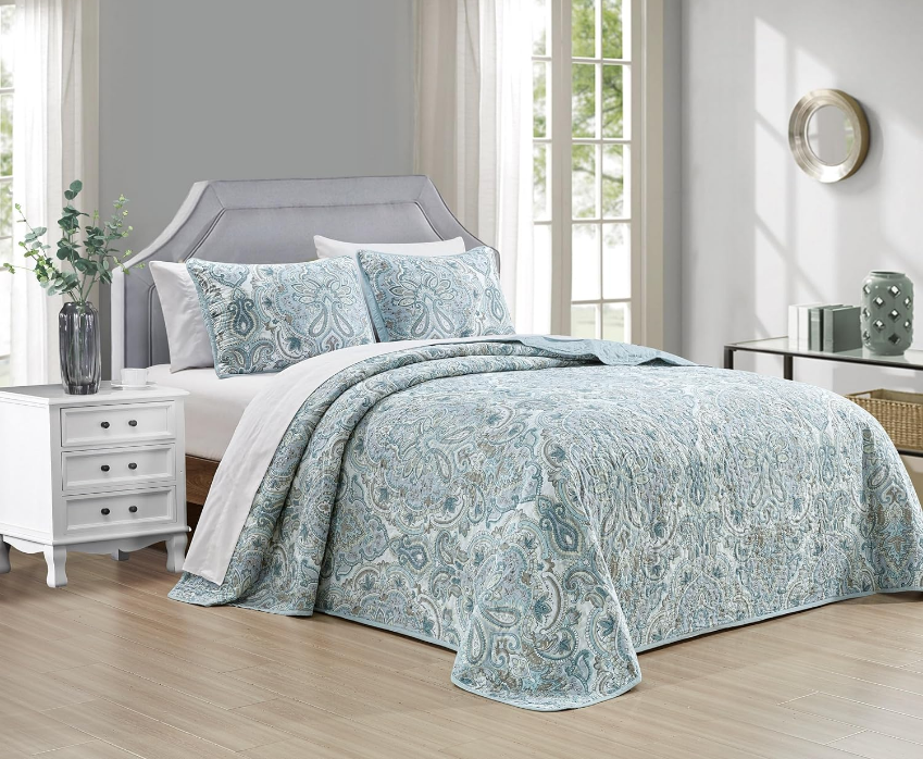 3-Piece Fine printed Oversize (100" X 95") Quilt Set Reversible Bedspread Coverlet QUEEN SIZE Bed Cover (Pale Blue, Grey, Paisley)