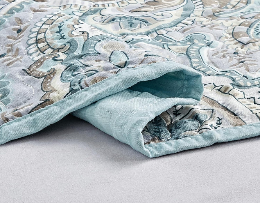 3-Piece Fine printed Oversize (100" X 95") Quilt Set Reversible Bedspread Coverlet QUEEN SIZE Bed Cover (Pale Blue, Grey, Paisley)