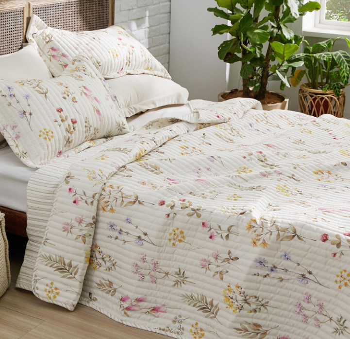  Floral Quilt Set Queen - Reversible Autumn Botanical Quilt Bedding Set, 3 Pieces Lightweight Bedspread, Soft Microfiber Coverlet with 2 Pillow Shams for All Seasons (90"x96")