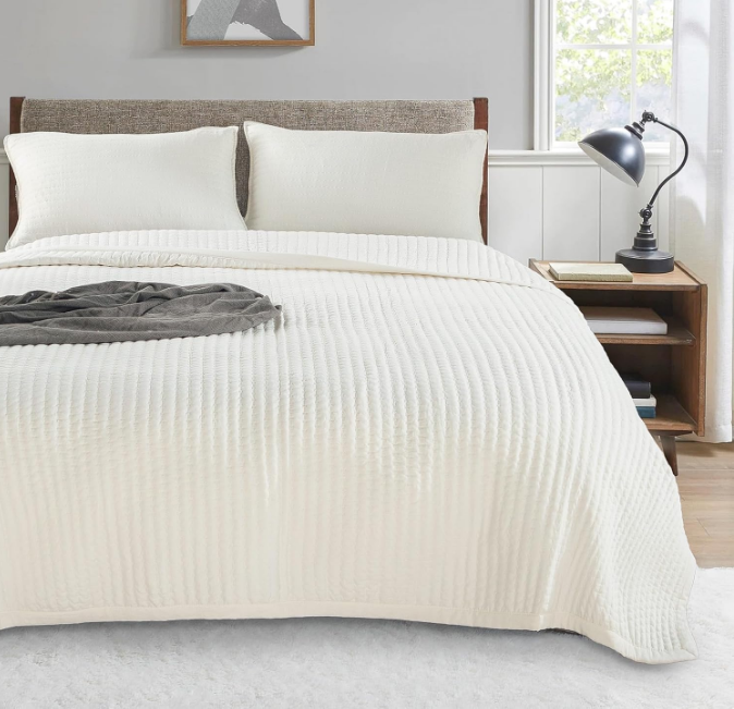 Quilt-Bedding-Coverlet-Blanket-Set, Machine Washable, Ultra Soft, Lightweight, Stone-Washed, Detailed Stitching - Solid Color (Ivory, Oversized King + 2 King Shams)