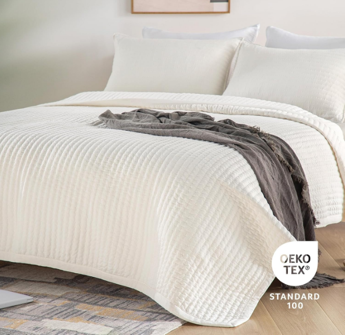 Quilt-Bedding-Coverlet-Blanket-Set, Machine Washable, Ultra Soft, Lightweight, Stone-Washed, Detailed Stitching - Solid Color (Ivory, Oversized King + 2 King Shams)