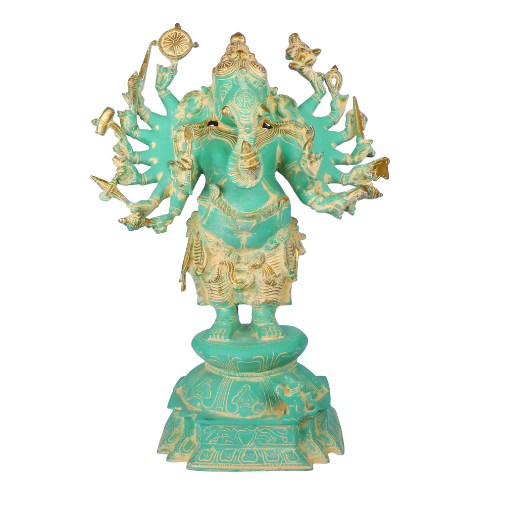 23" Handcrafted Sixteen-Armed Vira-Ganesha Brass Sculpture | Traditional Indian Masterpiece 