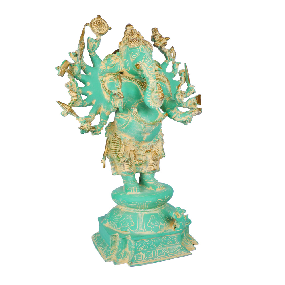 23" Handcrafted Sixteen-Armed Vira-Ganesha Brass Sculpture | Traditional Indian Masterpiece 